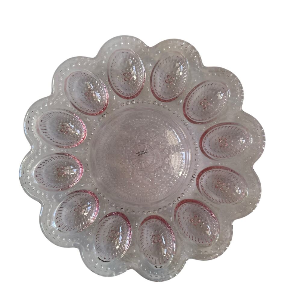 NEW Bunny Boulevard Pink Glass Devilled Egg Plate Platter 10in Embossed Easter